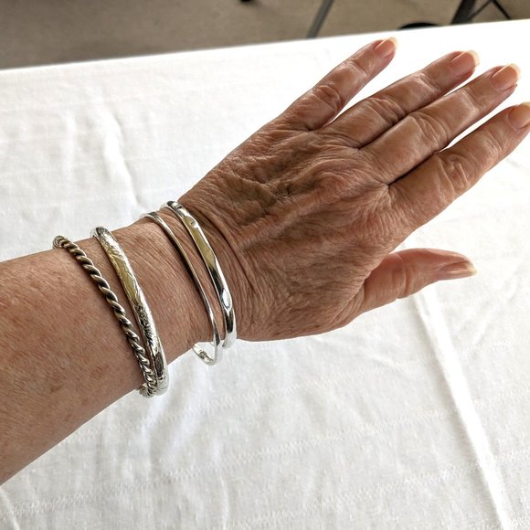 Set of 4 Unique Bangle Bracelets-60g Sterling-Faceted-Floral-Geometric-Twisted - Picture 2 of 12